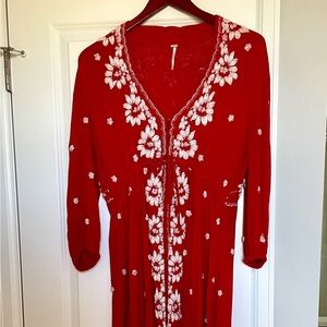 Free People Red Embroidered Fable Midi Dress